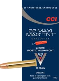 CCI Ammo Maxi-Mag TNT 22 MAG 30GR JHP, 50-Pack